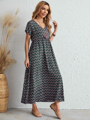Women’s Floral Tie-Neck Maxi Dress – High-Waist A-Line Vacation Dress S–5XL