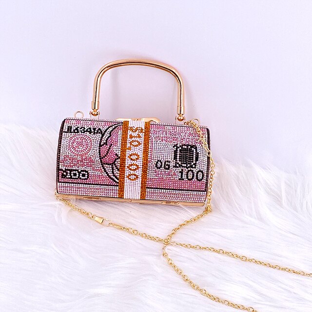 Luxury Crystal Dollar Design Evening Clutch Bag – Rhinestone Money Purse with Chain Strap for Weddings & Parties