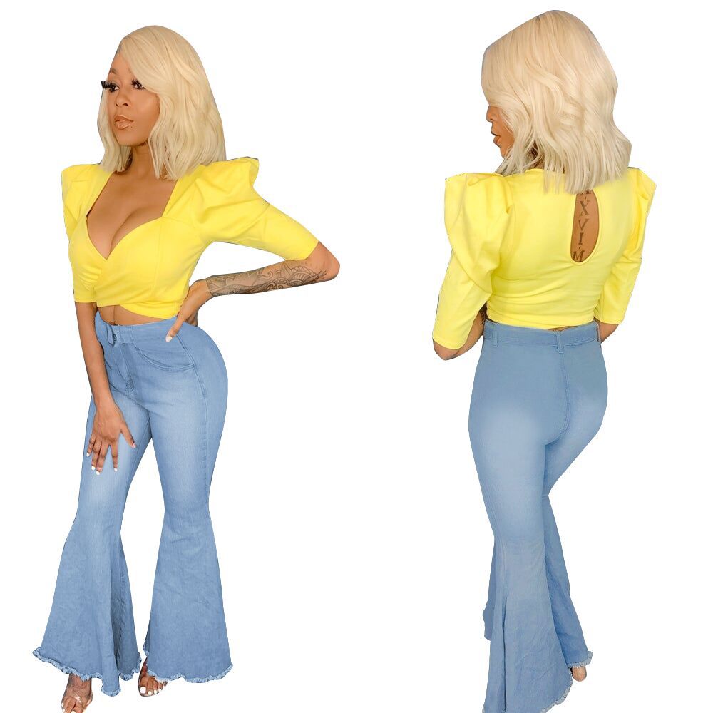 Women’s High-Stretch Denim Flared Jeans – Retro Flare Pants in Dark & Light Blue, S–3XL
