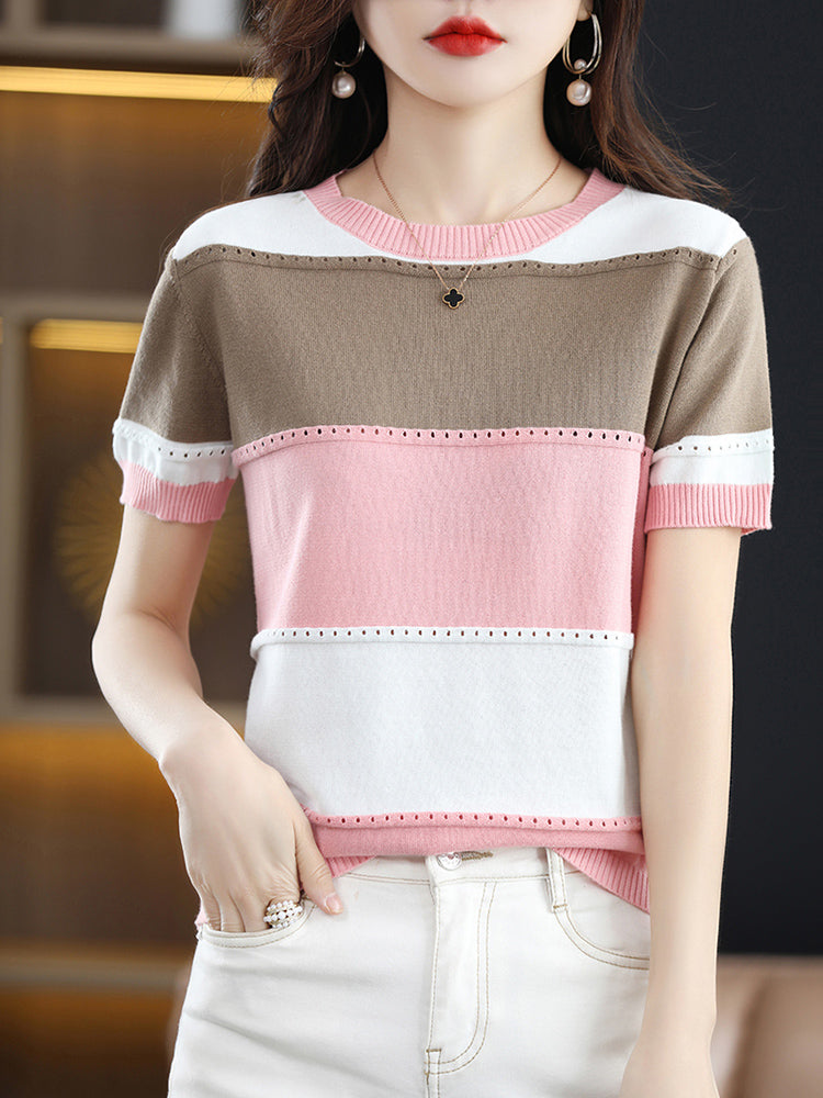 Cotton Contrast Panel Casual Knit T-Shirt for Women