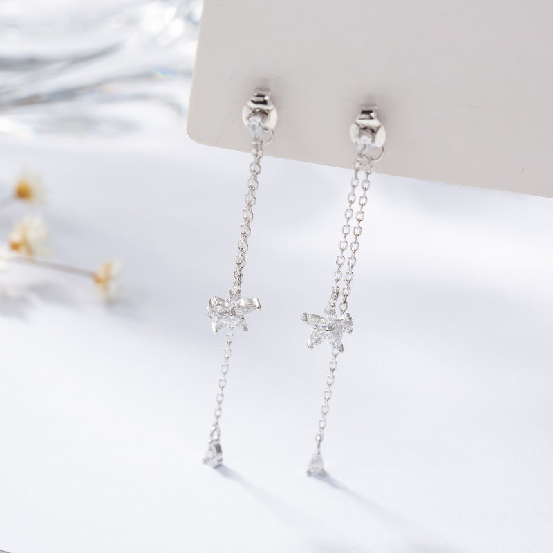 S925 Silver Flower Tassel Earrings – Elegant Dangling Floral Earrings for Women