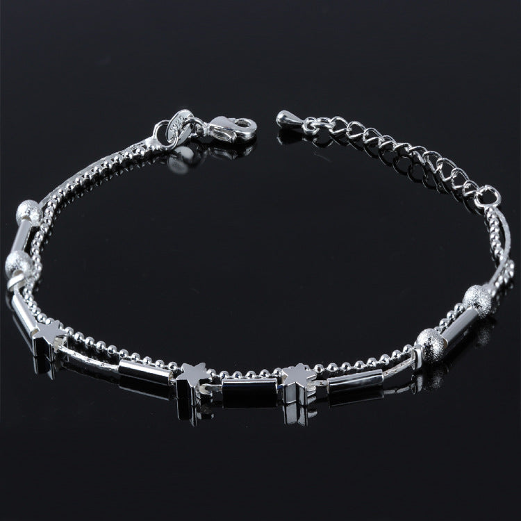 Silver Double Layer Star and Heart Charm Anklet