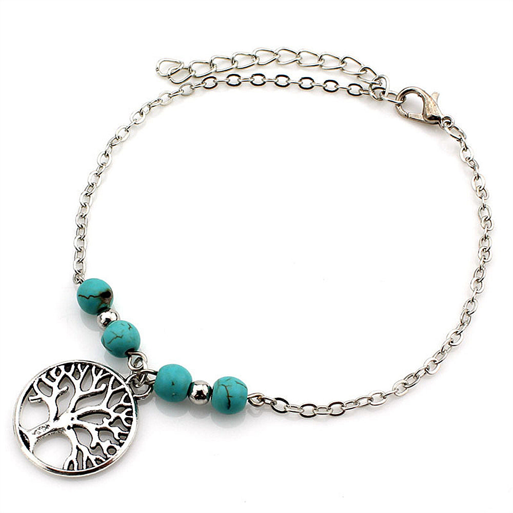 Handmade Beaded Pine Anklet with Cross Palm Tree Design