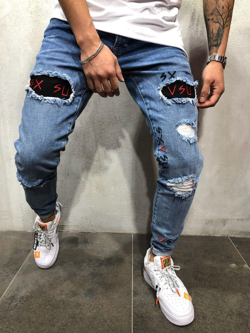 Men’s Embroidered Ripped Denim Pants – Casual Streetwear Jeans – USA