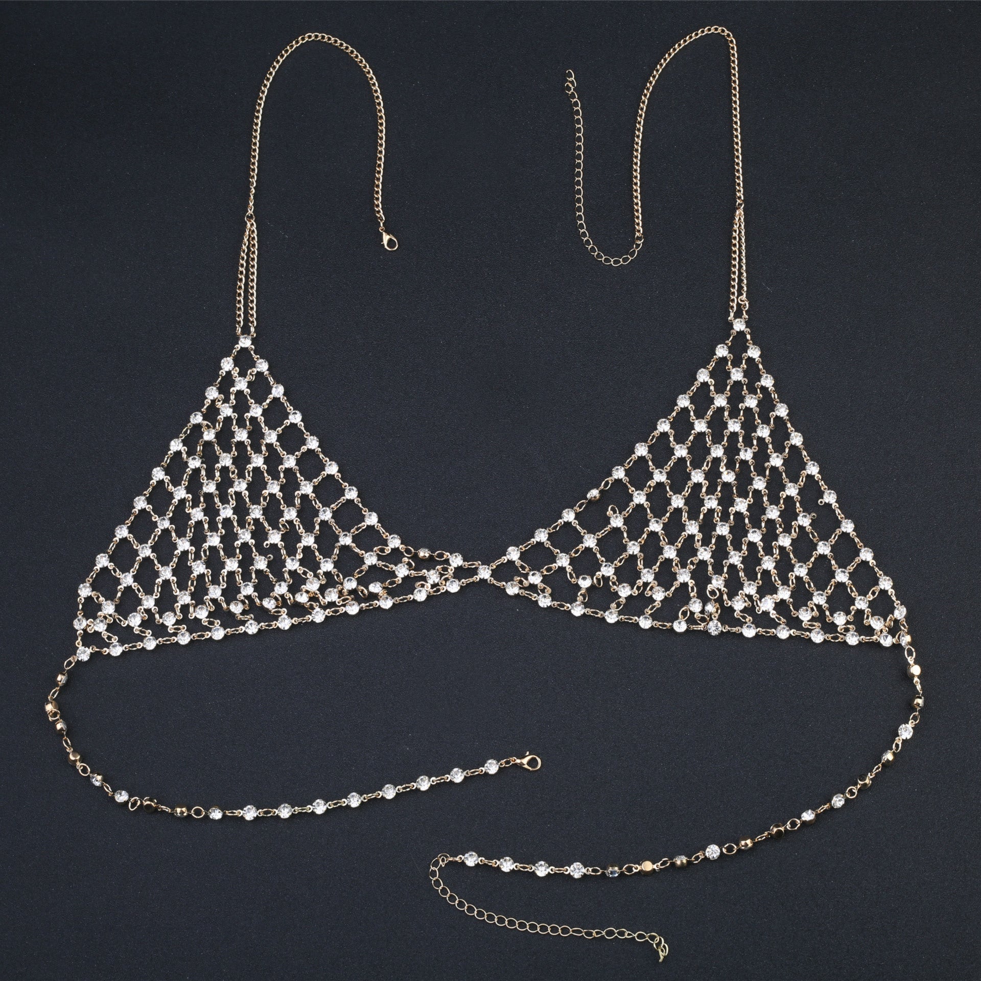 Women’s Handcrafted Multi-Layer Body Chain Set – Copper Rhinestone Necklace & Chest Jewelry, Gold & Silver