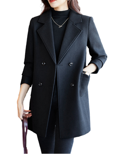 Women’s Black Double-Breasted Suit Jacket – Loose-Fit Mid-Length Fall & Winter Blazer Coat, S–XXL