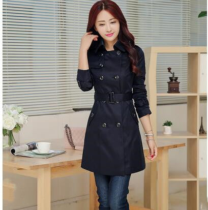 Women’s Slim-Fit Windbreaker Jacket – Double-Breasted Belted Long Sleeve Trench Coat, Navy & Khaki, S–L