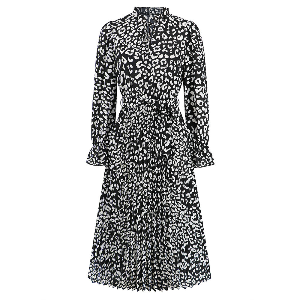 Women’s Leopard Print Pleated Dress – Stand Collar Slim-Fit Lace-Up Midi Dress