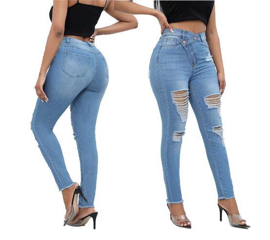 Women’s High-Waist Stretchy Ripped Skinny Jeans – Light Blue Raw Hem Pencil Denim, S–XXL