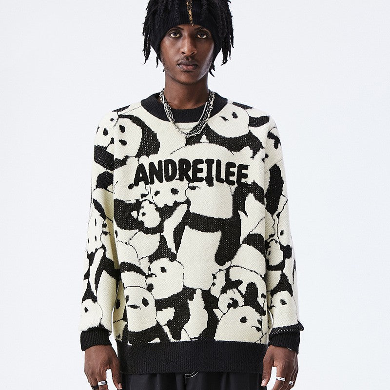 Men’s Japanese Vintage Panda Jacquard Knit Sweater – Loose-Fit Crew Neck Pullover, Black & Grey, S–3XL