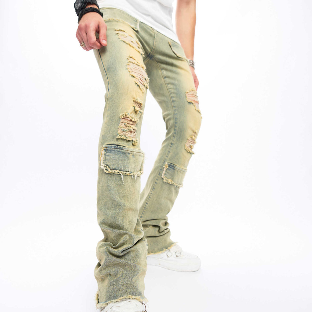 Heavy-Duty Stretch Flare Jeans – Cotton Stretch Apricot High-Waist Denim, XS–2XL