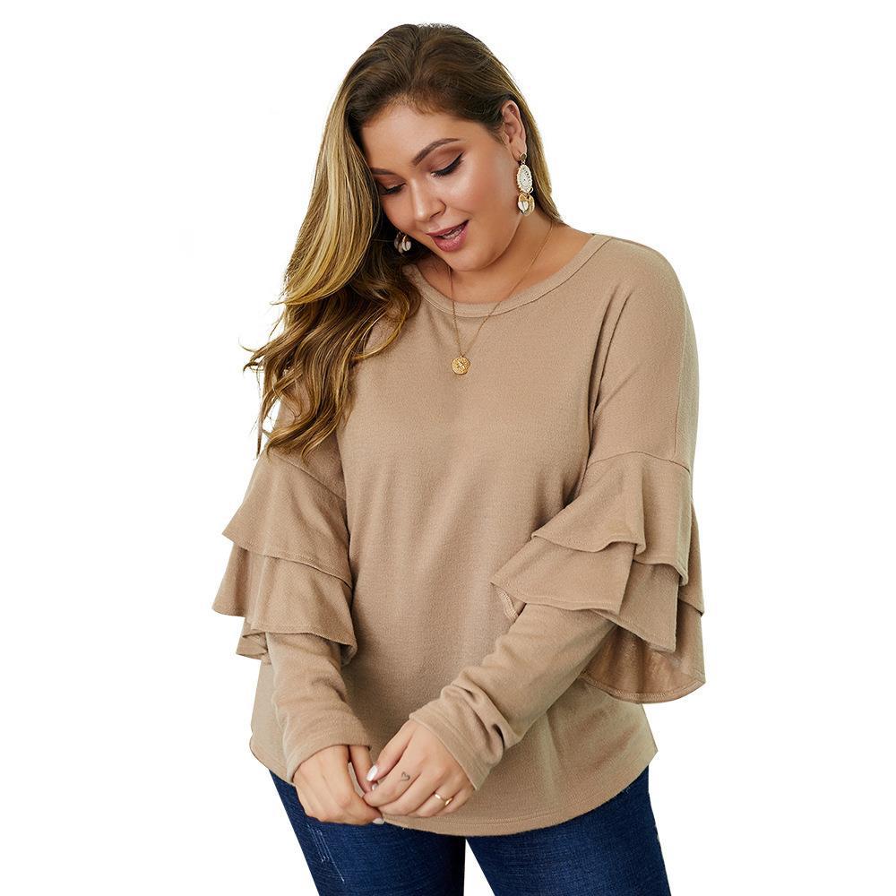 Women’s Plus Size V-Neck Knit Sweater – Lightweight Long Sleeve Lotus Leaf Pullover, Blue, Khaki & Green, XL–4XL