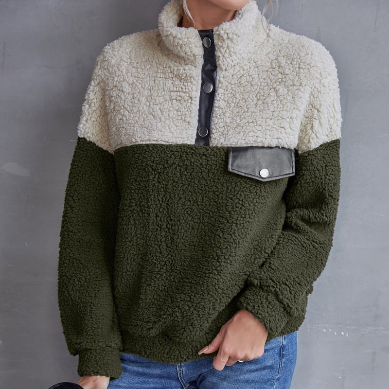 Women’s Color-Blocking Casual Plush Sweater – Loose-Fit Round Neck Long Sleeve Pullover, 4 Colors, S–XL