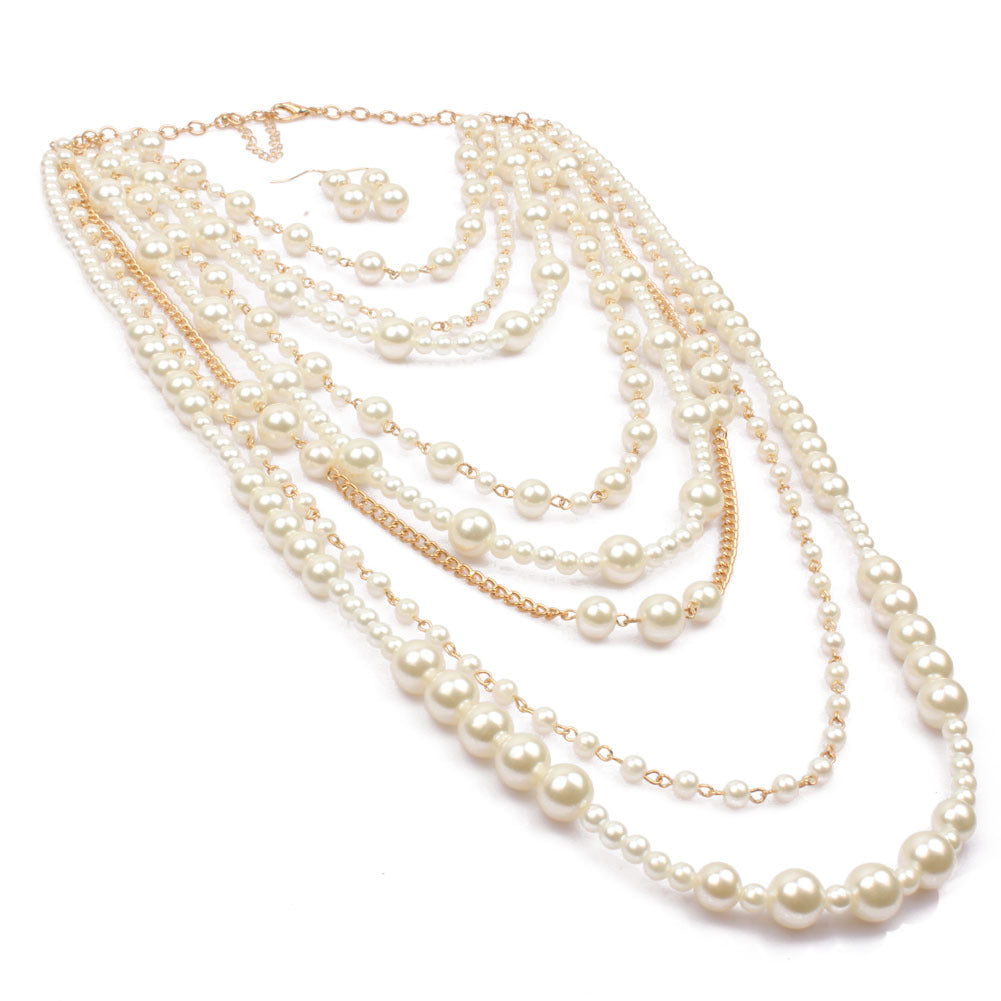 Women’s Handcrafted Multi-Layer Pearl Necklace – Elegant White Statement Jewelry, 46cm + 8cm Extension