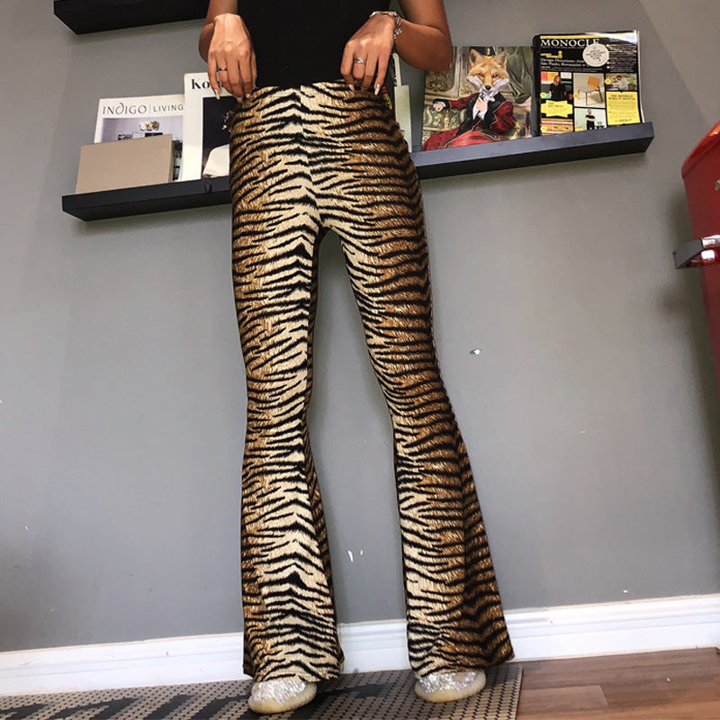 Women’s High-Waisted Leopard Print Flare Pants – Cotton Blend Stretch Bell-Bottom Trousers, S–XXL