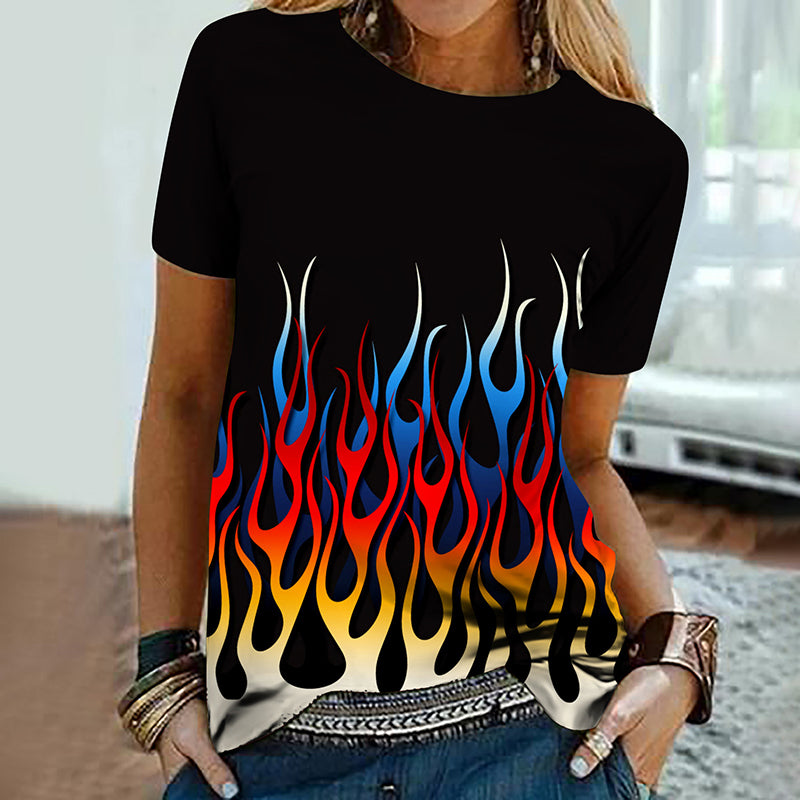 Women’s Colorful Flame 3D Print Oversized T-Shirt – Summer Streetwear Tee