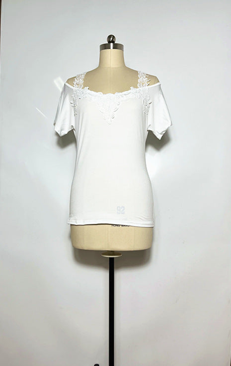 V-Neck Patchwork Lace Casual Loose T-Shirt for Women