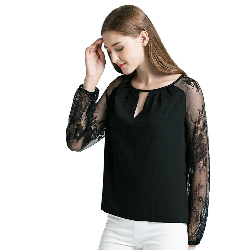 Lace Hollow Long Sleeve T-Shirt for Women (Loose Fit)