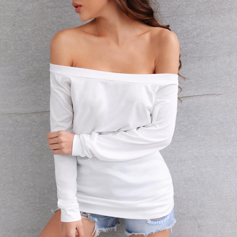 Off Shoulder Long Sleeve Round Neck T-Shirt for Women
