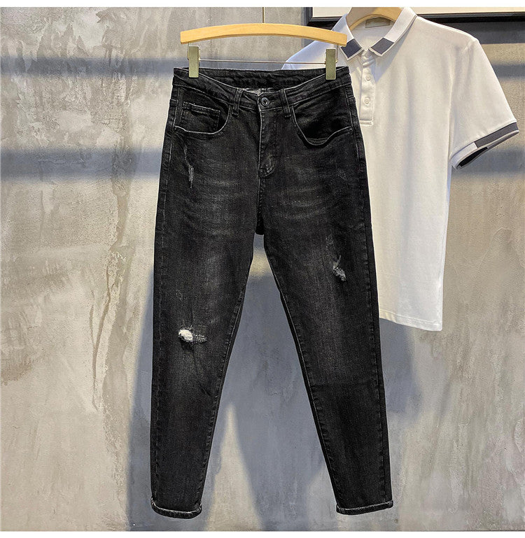 Korean Slim-Fit Retro Casual Jeans – Lightweight Polyester Black Grey Pants, Sizes 28–36