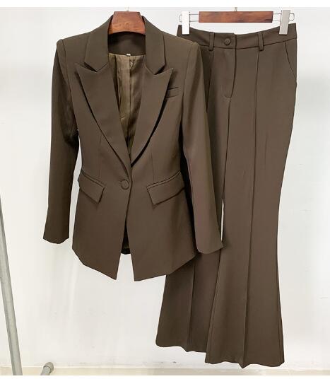 Women’s Long Blazer & Flared Pants Set – Tailored Two-Piece Autumn Pantsuit, S–XXL