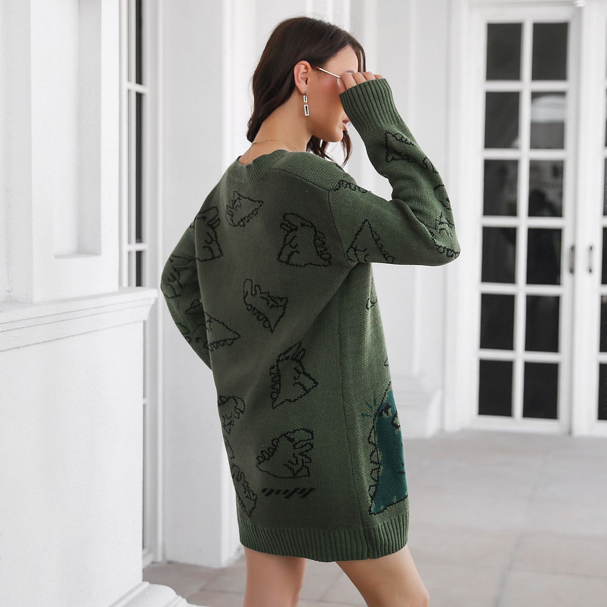 Women’s Dinosaur Cartoon V-Neck Sweater Dress – Jacquard Loose Knit Lantern Sleeve Dress, Blue & Green, S–L