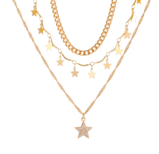 Triple 18K Gold Choker Necklace with Star Charms (One Set)