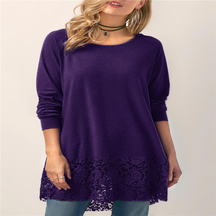Women’s Hooded Long Sleeve Lace T-Shirt – Casual Lace Stitching Top