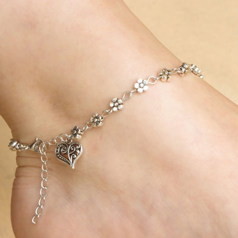 Tibetan Silver Hollow Plum Blossom Heart Anklet