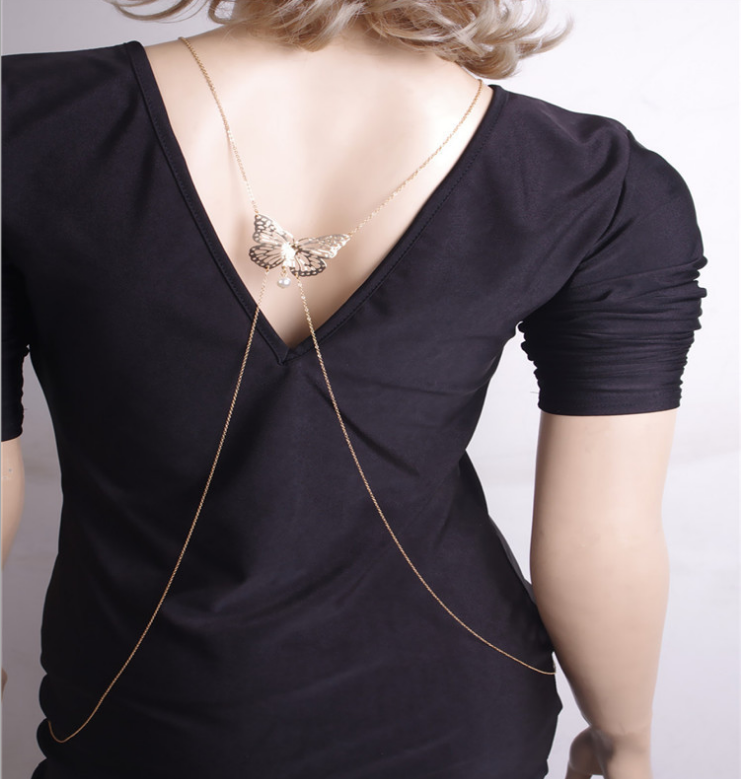 Butterfly Pearl Drop Gem Body Chain – Gold Tassel Statement Jewelry