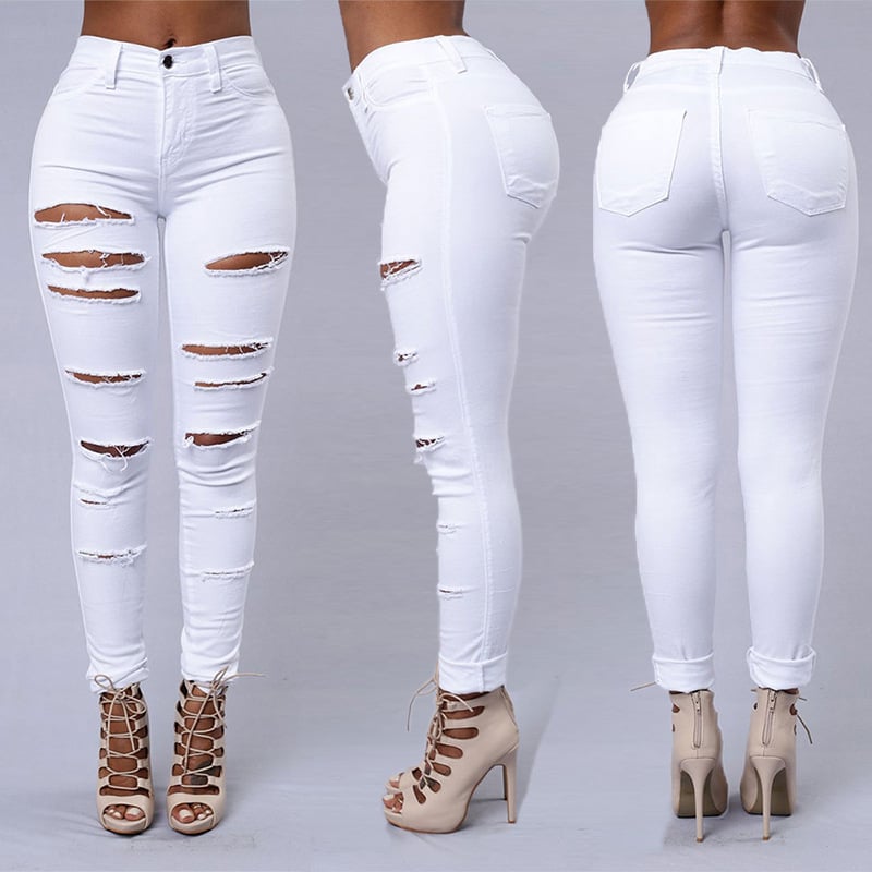 Women’s High-Waist Ripped Skinny Jeans – Cotton Pencil-Fit Denim in Black & White, S–2XL