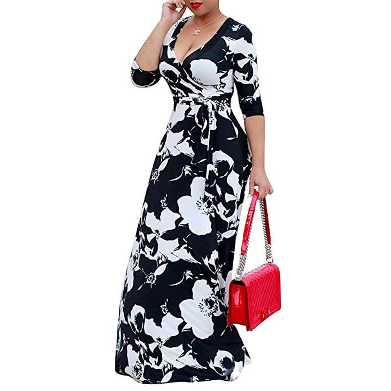 Plus Size Floral Maxi Dress – Women’s V-Neck Tie-Waist Summer Dress S–5XL