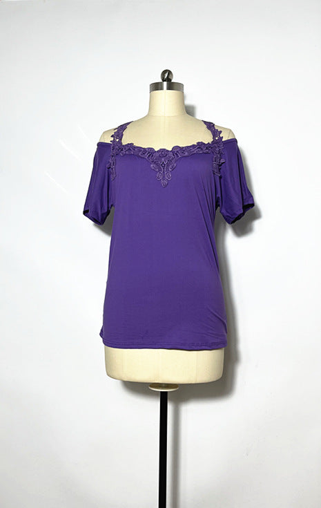 V-Neck Patchwork Lace Casual Loose T-Shirt for Women