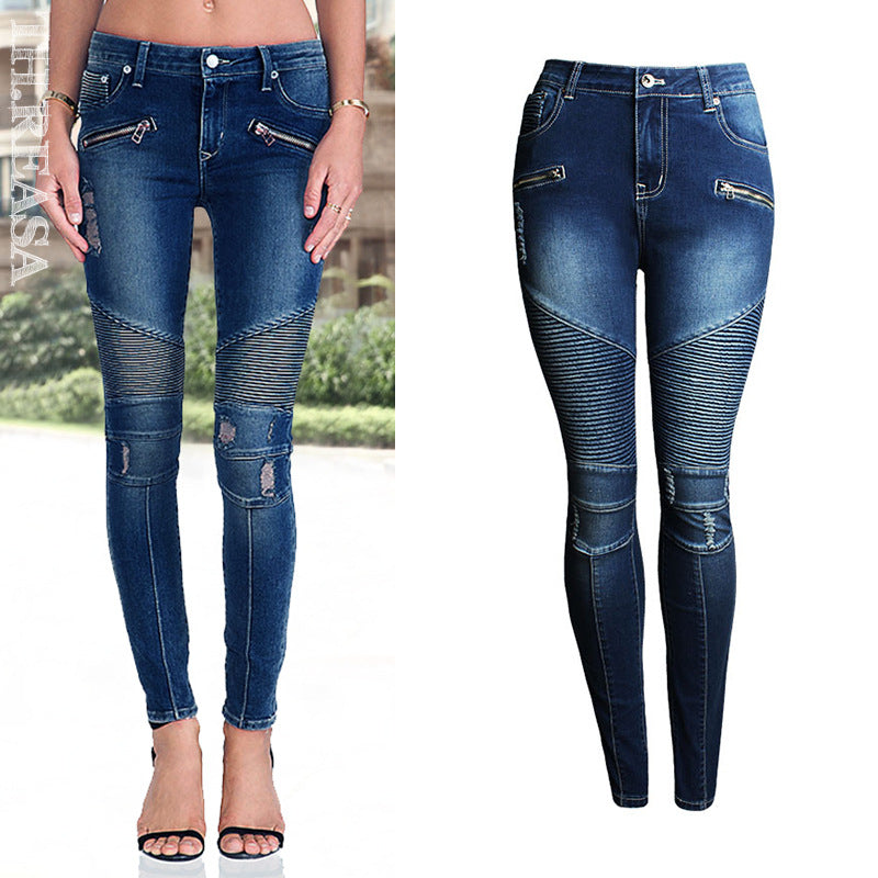Women’s European-Style Ripped Skinny Jeans – Elastic Cotton Mid-Rise Blue Distressed Denim, S–3XL