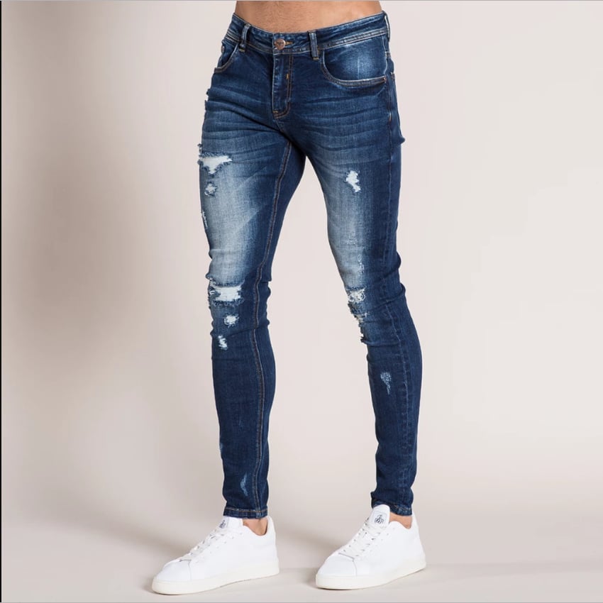 Men’s Ripped Jeans with Tapered Legs – Distressed Casual Denim Pants