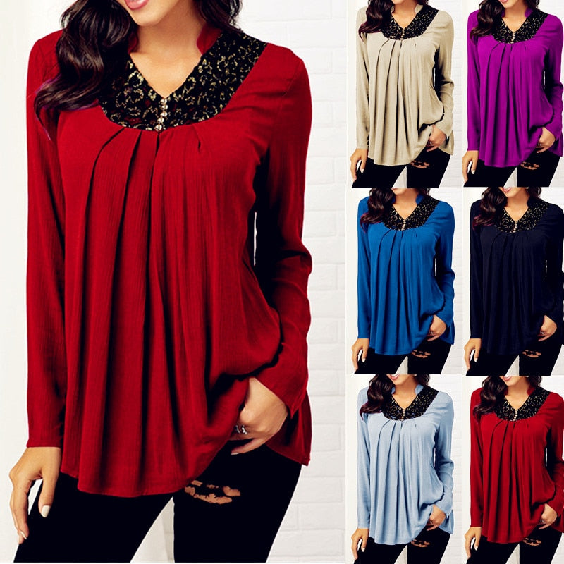 Women's V-Neck Floral Print Lace Top – Long Sleeve Slim Fit Blouse