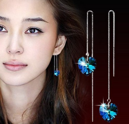 Ocean Heart Crystal Drop Earrings – Elegant Long Dangle Earrings for Women