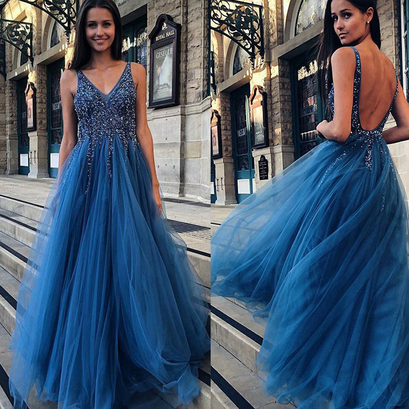 Women’s V-Neck Tulle Evening Gown – Elegant Floor-Length Formal Dress S–XXL