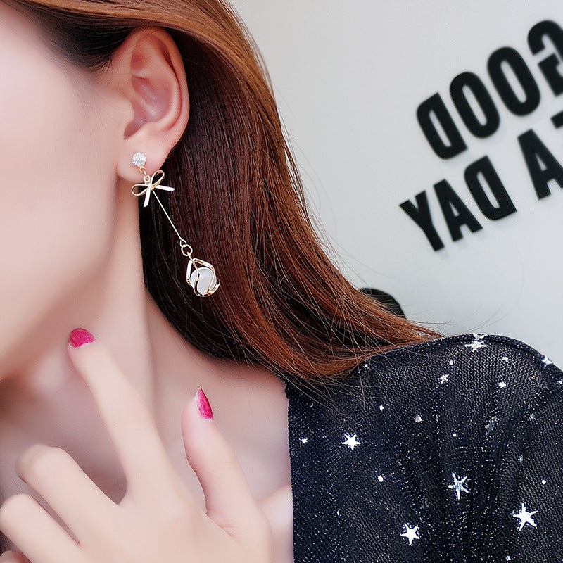 Korean Bowknot Cat’s Eye Tassel Earrings – Minimalist Long Drop Jewelry