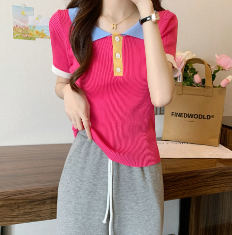 Fashion Color Block Sweet Knit Polo T-Shirt for Women