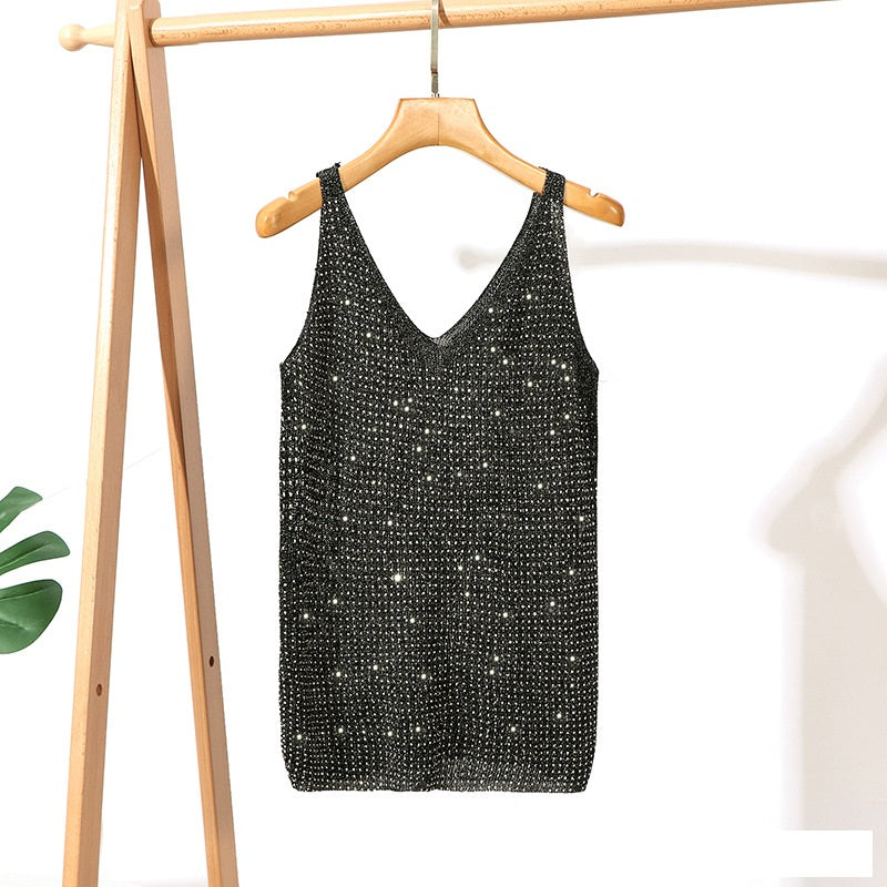 Inlaid Hot Diamond V-neck Knitted T-shirt for Women