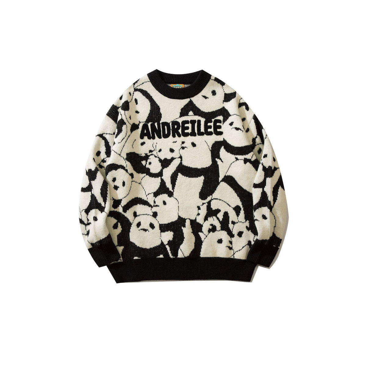 Men’s Japanese Vintage Panda Jacquard Knit Sweater – Loose-Fit Crew Neck Pullover, Black & Grey, S–3XL