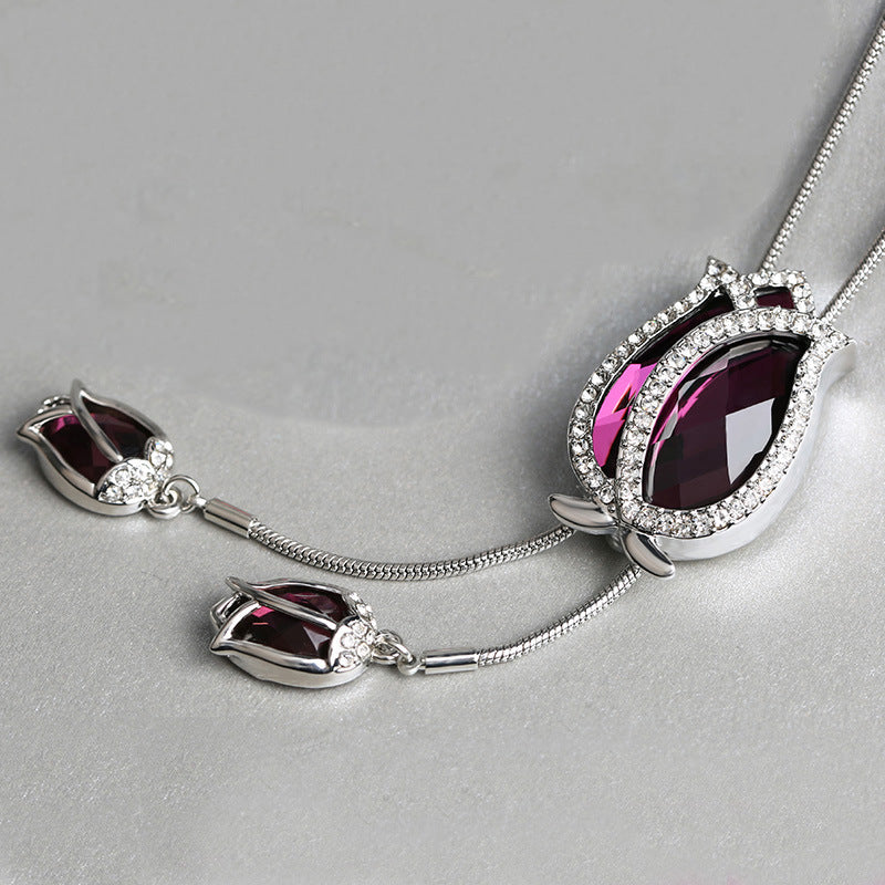 Women’s Tulip Crystal Sweater Chain Necklace – 98cm Long Alloy Pendant Necklace, Purple & Blue