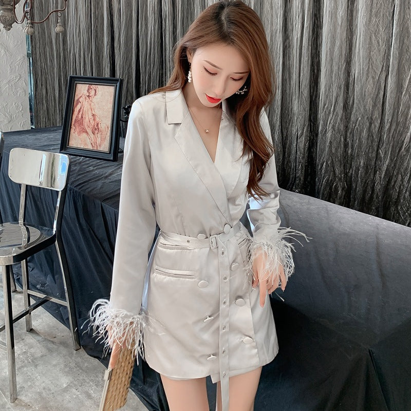 CHICYOU Women’s Satin Blazer – Rabbit Hair Spliced Luxury Jacket with Statement Sleeves, S–L