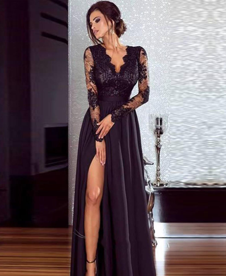Women’s Black Lace Evening Maxi Dress – V-Neck High-Waist Embroidered Long-Sleeve Dress, S–XXL