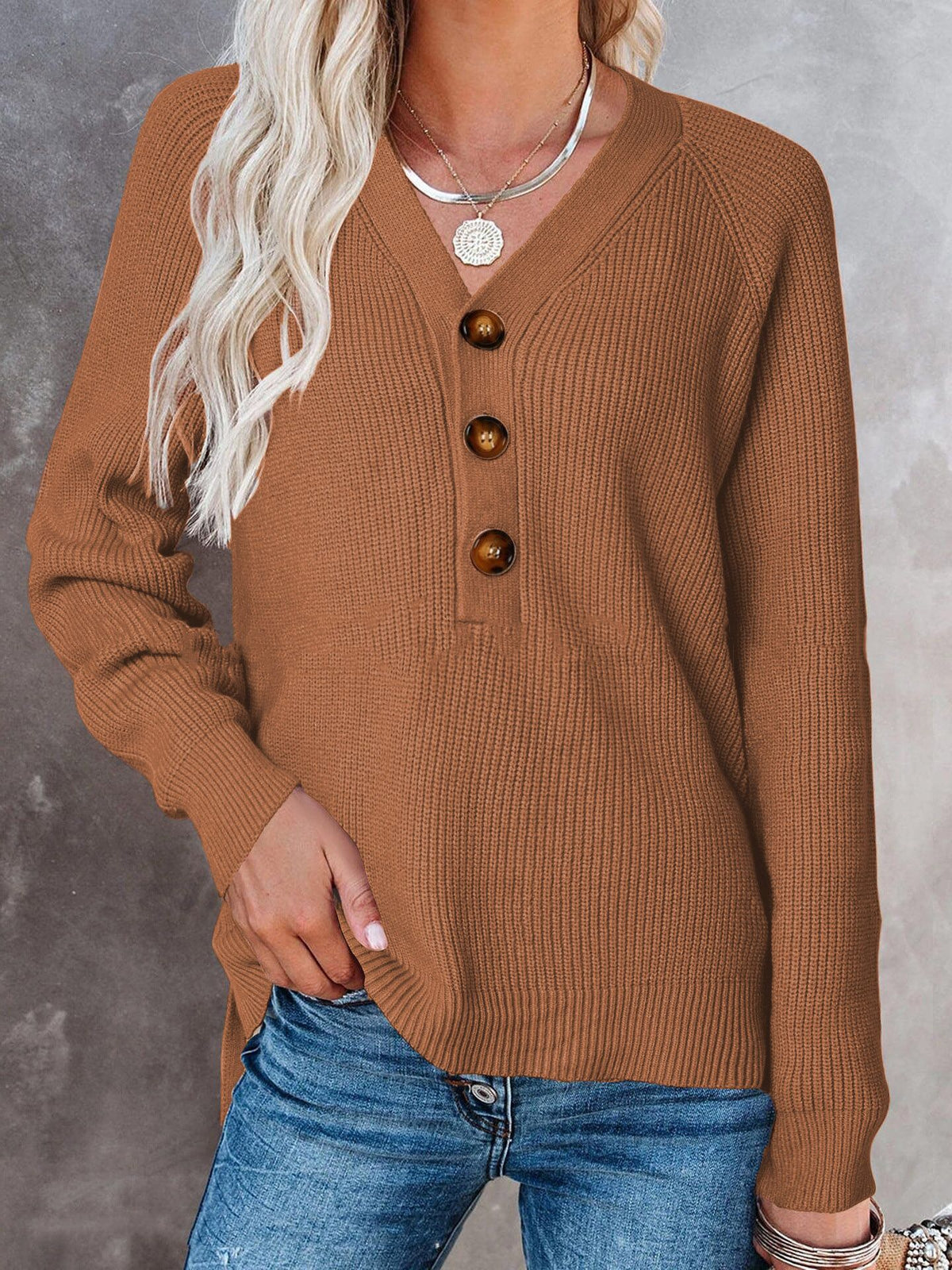 Women’s Button Knitted V-Neck Sweater – Cotton Loose-Fit Long Sleeve Pullover, 11 Colors, S–3XL