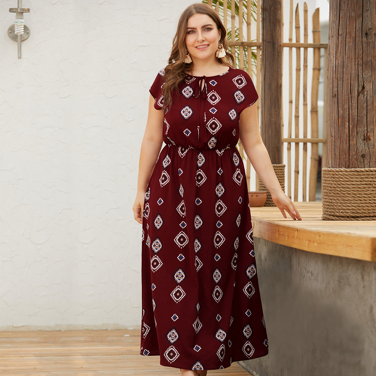 Women’s Floral Tie-Neck Maxi Dress – High-Waist A-Line Vacation Dress S–5XL