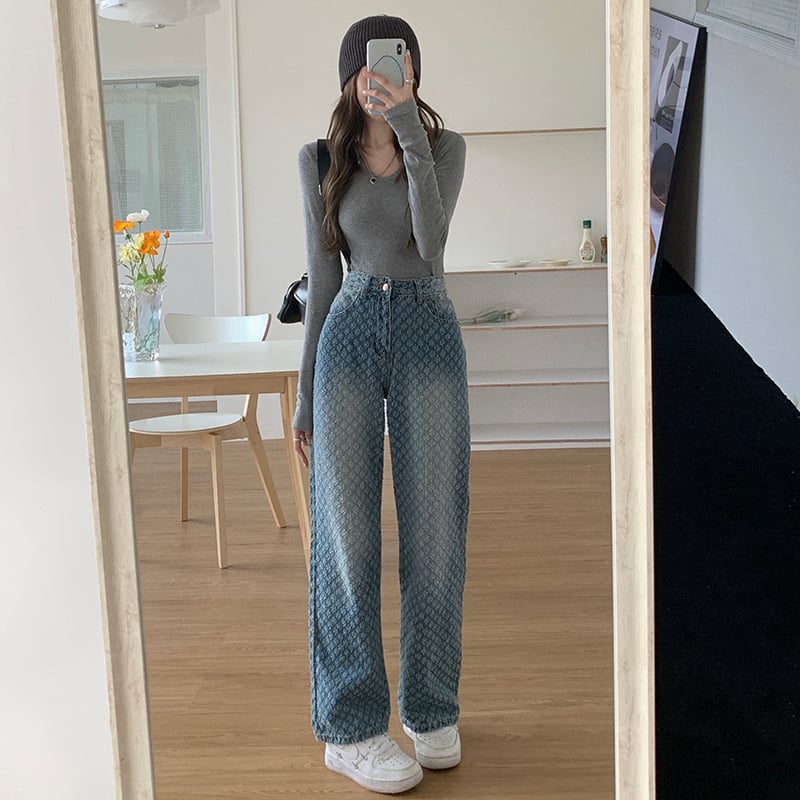 Women’s High-Waist Wide-Leg Jeans – Cotton Washed Nostalgic Blue Korean-Style Denim, S–3XL