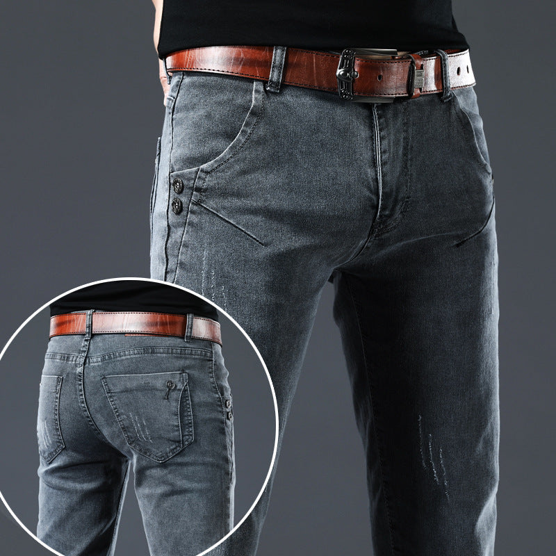 Men’s Korean Slim-Fit Stretch Skinny Jeans – Cotton Micro-Elastic Grey Pencil Denim Pants, Sizes 27–36