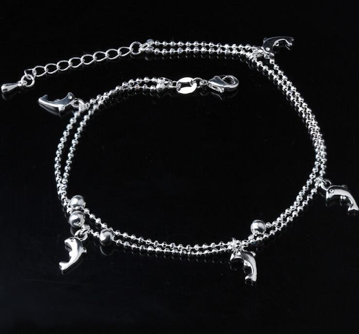 Silver Double Layer Star and Heart Charm Anklet